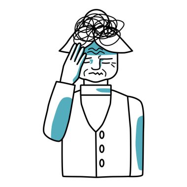 Stressed elderly woman character holding a hand on her head, closed her eyes. Stress mood, line art, half body hand drawn sketch style vector.