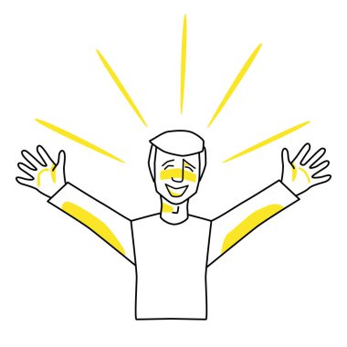 Happy man, emotion of happiness. Joyful male character, line art, hand drawn sketch style vector with yellow spots.