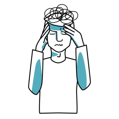 Stressed male character holding hands on his head, man closed his eyes. Stress mood, line art, half body hand drawn sketch style vector.