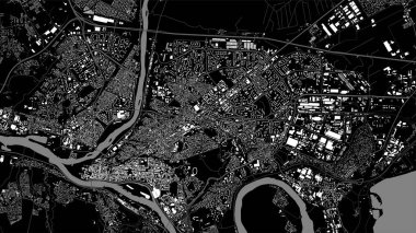 Kaunas şehir arkaplan haritası, siyah beyaz şehir merkezi haritası, 1920 1080. Neman Nehri ve Neris, yollar ve demiryolları, binalar ve parklar. Vektör illüstrasyonu.