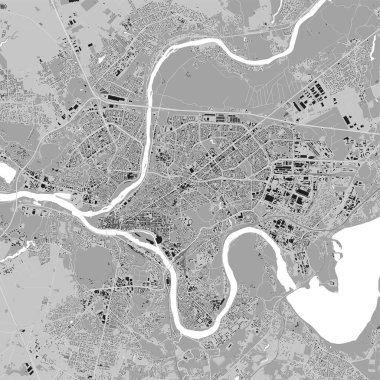 Kaunas city map, grey square urban area municipal map. River Neman and Neris, roads and railway, buildings and parks. Vector illustration.