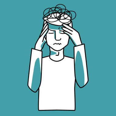 Stresli erkek karakter, nane ve beyaz, elleri başının üstünde, adam gözlerini kapattı. Stres hali, çizgi sanatı, yarım vücut çizimi taslak tarzı vektör.