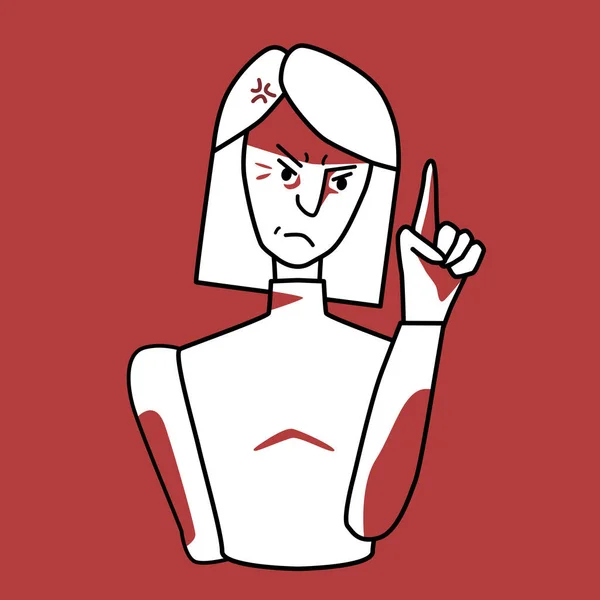 Angry woman, annoyed emotion, red and white. Irritated half body female line drawing with spots, evil mood maiden, threatened with a finger. Give a lesson.