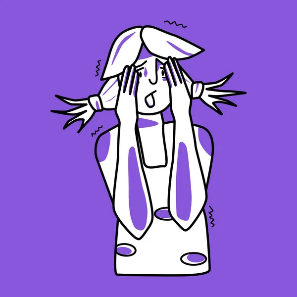 Frightened girl, emotion of fear, purple and white. Afraid half body teenager with ponytail hair, horror panic mood female kid, dread, cover her face with hands. Line vector drawing.