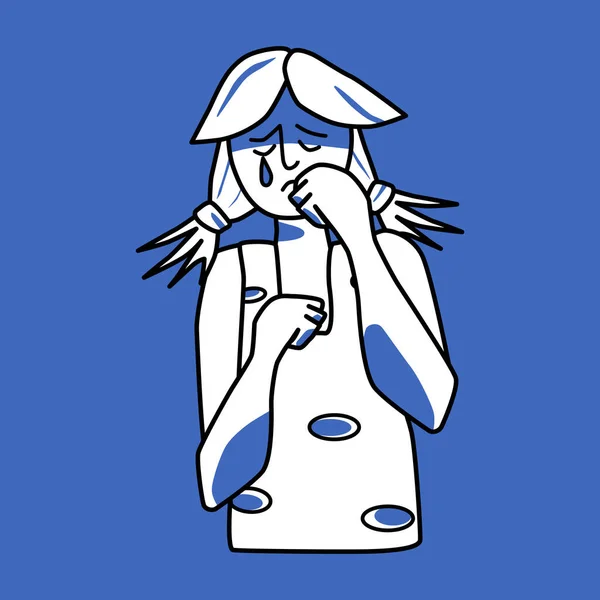 Sad girl, emotion of melancholy, blue and white. Sadness teenager mood half body drawing, mourning adolescent with tears, crying melancholy of female child, despair and grief.