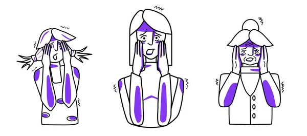 Scared female set. Young, adult and old women are afraid, emotion of fear, cover head with hands. Line art drawing human characters with purple spots.