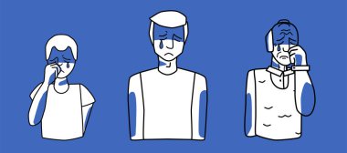 Üzgün erkek grubu. Genç, yetişkin ve yaşlı adamlar hüzünlü, melankolik, gözyaşlarıyla ağlayan. Mavi ve beyaz renk, çizgi sanat insan karakterleri çiziyor.