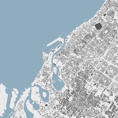 Sharjah vektör haritası. Sharjah şehri yönetim bölgesinin detaylı haritası. Şehir manzarası manzarası. Kraliyetten bağımsız vektör çizimi. Karayolları, sokaklar, nehirler. Turist dekoratif sokak haritası.