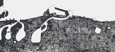 Sharjah vektör haritası. Sharjah şehrinin idari alanının detaylı kara haritası. Şehir Posteri Arya Manzarası. Beyaz sokakları, yolları ve caddeleri olan siyah topraklar. Beyaz arkaplan.