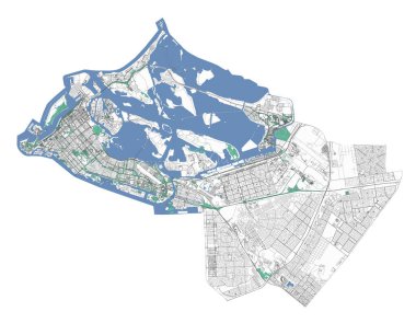 Abu Dabi haritası, şehrin idari bölgesi. BAE başkenti şehir planı. Yollar, parklar, adalar ve kıyı şeridi ilüstrasyonları.