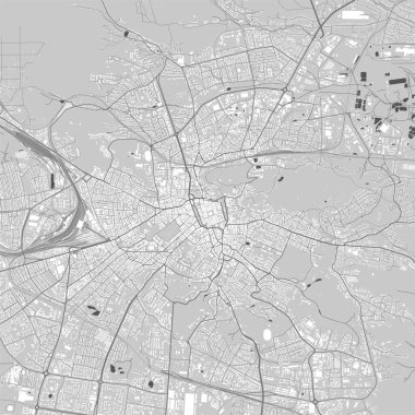 Lviv 'in şehir vektör haritası. Vektör illüstrasyonu, Lviv haritası gri tonlu siyah beyaz sanat posteri. Yol haritası yollu, metropol şehir manzaralı.