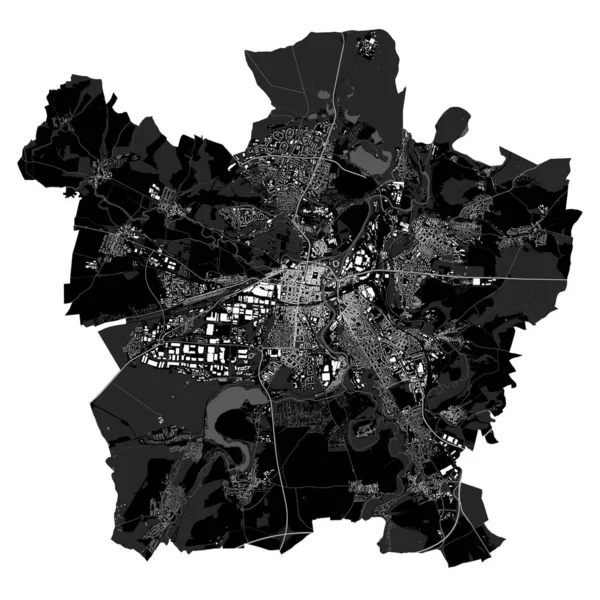 多重ベクトル写像 プルゼニ市行政区の詳細なベクトルマップ 都市景観ポスター大都市のアリアビュー 白い建物 森林と黒の土地 — ストックベクタ