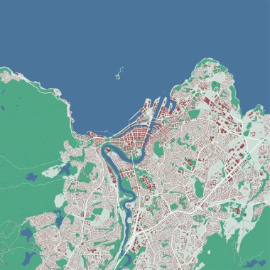 Trondheim vektör haritası. Trondheim şehir yönetim bölgesinin detaylı haritası. Şehir manzarası manzarası. Kraliyetten bağımsız vektör çizimi. Binalar, su ve ormanlarla dolu bir harita. Turist dekoratif yol haritası.