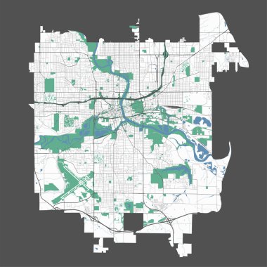 Des Moines haritası, ABD 'nin Iowa eyaletinin başkenti. Nehirleri, yolları, parkları ve demiryolları olan belediye yönetim alanı haritası. Vektör illüstrasyonu.