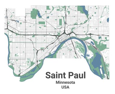 Saint Paul haritası, ABD 'nin Minnesota eyaletinin başkenti. Nehirleri, yolları, parkları ve demiryolları olan belediye yönetim alanı haritası. Vektör illüstrasyonu.