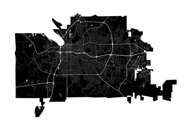 Montgomery, Alabama haritası. Montgomery şehrinin yönetim bölgesinin detaylı kara haritası. Şehir Posteri Arya Manzarası. Beyaz yolları ve caddeleri olan siyah topraklar. Beyaz arkaplan.