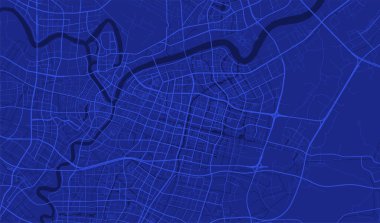 Koyu mavi Ningbo şehri vektör arkaplan haritası, yollar ve su çizimi. Geniş ekran oranı, dijital düz tasarım yol haritası.