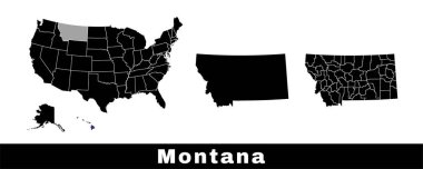 Montana eyalet haritası, ABD. Sınır çizgisi, ilçeler ve ABD haritası olan bir dizi Montana haritası. Siyah ve beyaz renk vektörü çizimi.