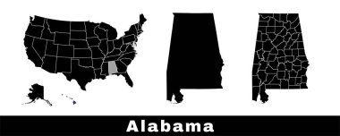 Alabama eyaleti haritası, ABD. Sınır çizgisi, ilçeler ve ABD haritası olan bir dizi Alabama haritası. Siyah ve beyaz renk vektörü çizimi.