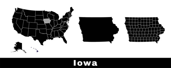 爱荷华州地图 一组爱荷华州地图 包括边界 县份和美国各州地图 黑白彩色矢量图解 — 图库矢量图片