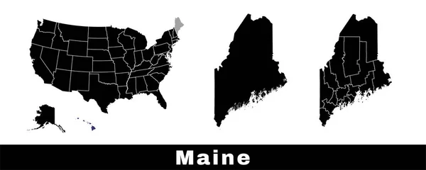 Map Maine State Usa Set Maine Maps Outline Border Counties — Stock Vector