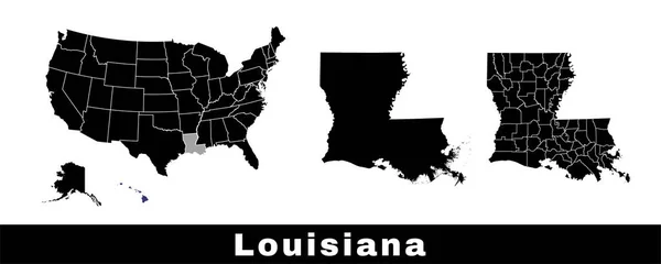 路易斯安那州地图 一组路易斯安那州的地图 包括边界 县份和美国各州的地图 黑白彩色矢量图解 — 图库矢量图片