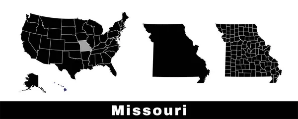 密苏里州地图 密苏里州的一组地图 包括边界 县份和美国各州的地图 黑白彩色矢量图解 — 图库矢量图片