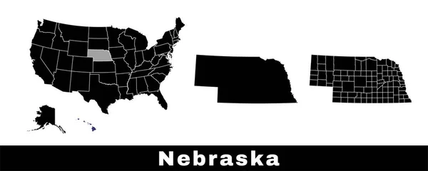 美国内布拉斯加州地图 一套内布拉斯加州地图 包括边界 县份和美国各州地图 黑白彩色矢量图解 — 图库矢量图片