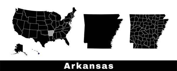 美国阿肯色州地图 一套阿肯色州的地图 上面有边界线 县份和美国各州的地图 黑白彩色矢量图解 — 图库矢量图片