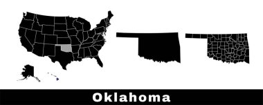 Oklahoma eyalet haritası, ABD. Sınır çizgisi, ilçeler ve ABD haritası olan bir dizi Oklahoma haritası. Siyah ve beyaz renk vektörü çizimi.