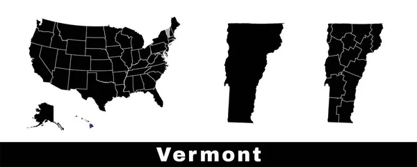 Vermont eyalet haritası, ABD. Sınırları, ilçeleri ve ABD haritası olan bir dizi Vermont haritası. Siyah ve beyaz renk vektörü çizimi.