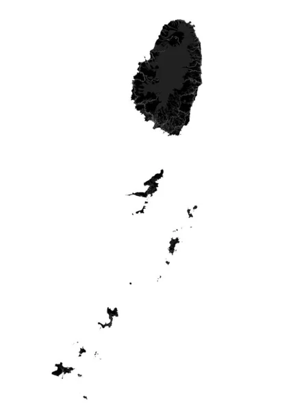 圣文森特和格林纳丁斯黑人地图 加勒比岛国 详细地图 附有行政边界 海岸线 海洋和森林 城市和道路 — 图库矢量图片