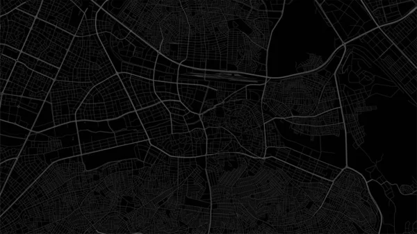 Dunkelschwarze Hintergrundkarte Des Stadtgebiets Von Gaziantep Straßen Und Wasser Breitbild — Stockvektor