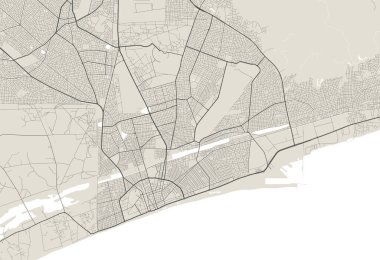 Lome şehrinin detaylı haritası, Togo 'nun başkenti. Nehirleri, yolları, parkları ve demiryolları olan belediye yönetim alanı haritası. Vektör illüstrasyonu.