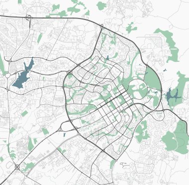 Abuja haritası, Nijerya 'nın başkenti. Nehirleri, yolları, parkları ve demiryolları olan belediye yönetim alanı haritası. Vektör illüstrasyonu.