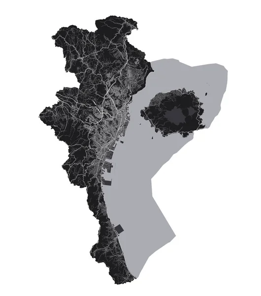 鹿儿岛地图鹿儿岛市管理区的详细矢量图 城市景观海报都市地图集 黑色土地 有白色的道路和大道 白人背景 — 图库矢量图片