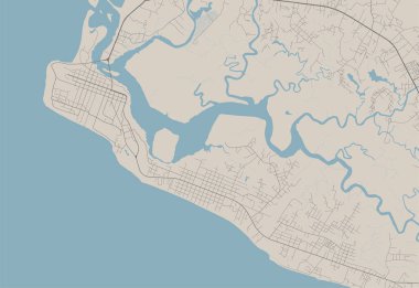 Monrovia şehrinin detaylı haritası, Liberya 'nın başkenti. Nehirleri, yolları, parkları ve demiryolları olan belediye yönetim alanı haritası. Vektör illüstrasyonu.