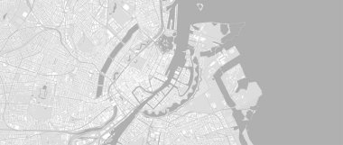 Beyaz ve açık gri Kopenhag Şehri arka plan vektör haritası, yollar ve su haritası çizimi. Geniş ekran oranı, dijital düz tasarım yol haritası.