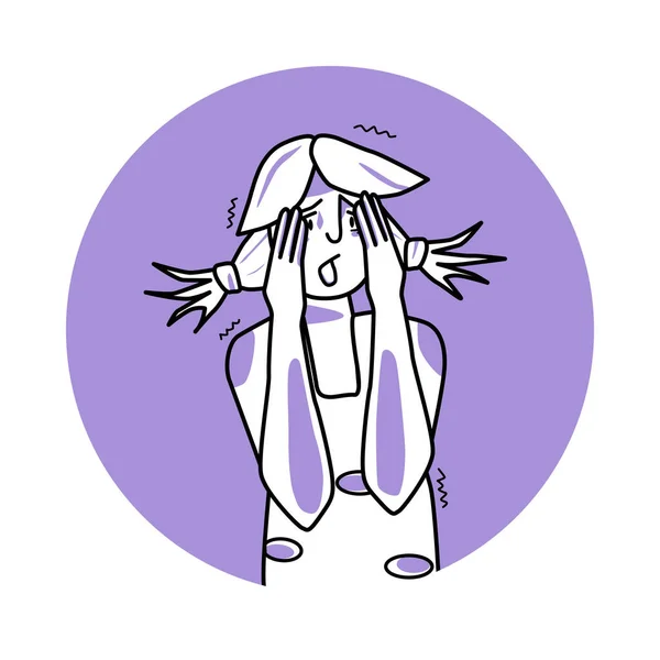 Frightened girl, emotion of fear, facial expression with gestures. Afraid teenager with ponytail hair, expressing her panic feelings. Purple vector circle icon.