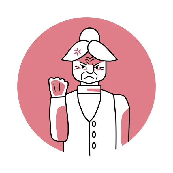 Old woman with angry emotion, facial expression with hands. Annoyed grandmother with white hair, expressing her negative feelings with gestures. Red vector circle icon.