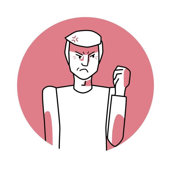 Adult man with angry emotion, facial expression with hands. Annoyed male with white hair, expressing his negative feelings with gestures. Red vector circle icon.