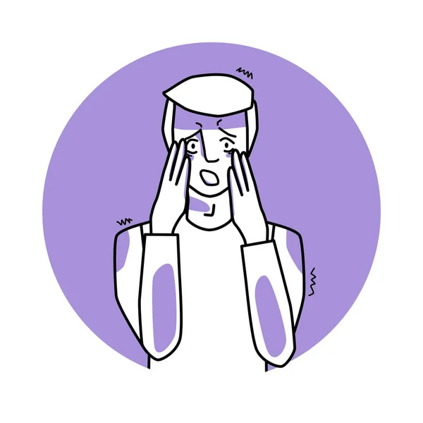 Frightened man, emotion of fear, facial expression with gestures. Afraid male with white hair, expressing his panic feelings. Purple vector circle icon.