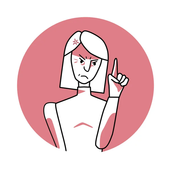 Adult woman with angry emotion, facial expression with hands. Annoyed female with white hair, expressing her negative feelings with gestures. Red vector circle icon.