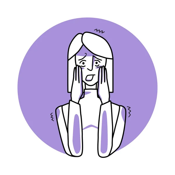 Frightened woman, emotion of fear, facial expression with gestures. Afraid female with white hair, expressing her panic feelings. Purple vector circle icon.