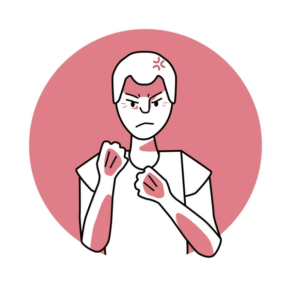 Young boy with angry emotion, facial expression with hands. Annoyed teenager with white hair, expressing his negative feelings with gestures. Red vector circle icon.