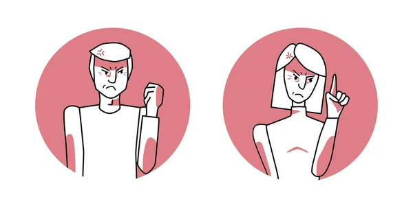 Man and woman with angry emotion circle icons, facial expression with hands. Annoyed people, expressing their negative feelings with gestures. Red vector illustration.