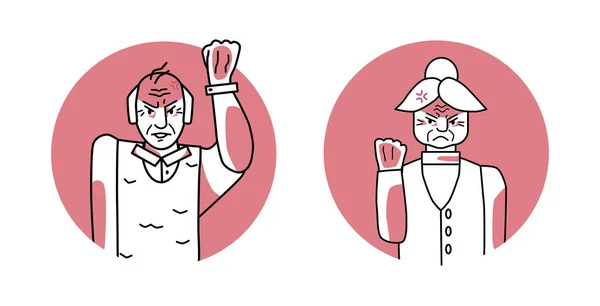 Old man and woman with angry emotion circle icons, facial expression with hands. Annoyed elder people, expressing their negative feelings with gestures. Red vector illustration.
