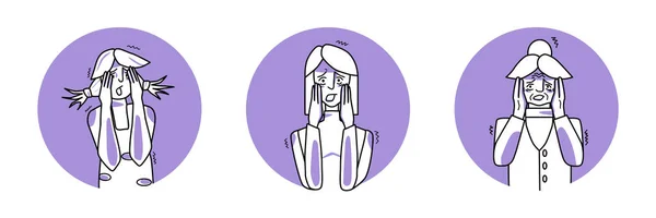 Scared female set circle icons. Young, adult and old women are afraid, emotion of fear, facial expression. Purple color, line art drawing human characters.