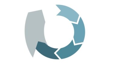 Animasyon etrafında dönen çember diyagramı. Beş parçalı bir döngü. Altı ok şema şablonu. Beyaz arkaplanda mavi renk.