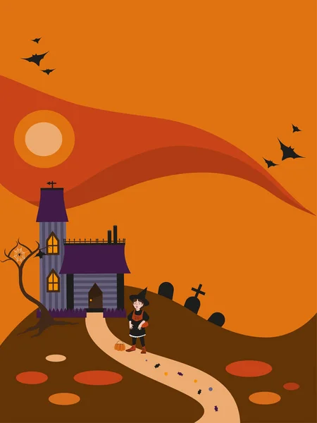 Halloween Holiday Scene Card Young Witch Kind Face House Cemetery — Stock Vector